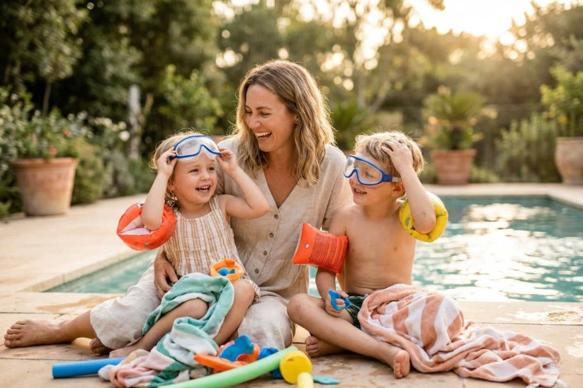 Mama mit zwei Kindern am Pool